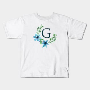 Floral Monogram G Pretty Blue Flowers Kids T-Shirt